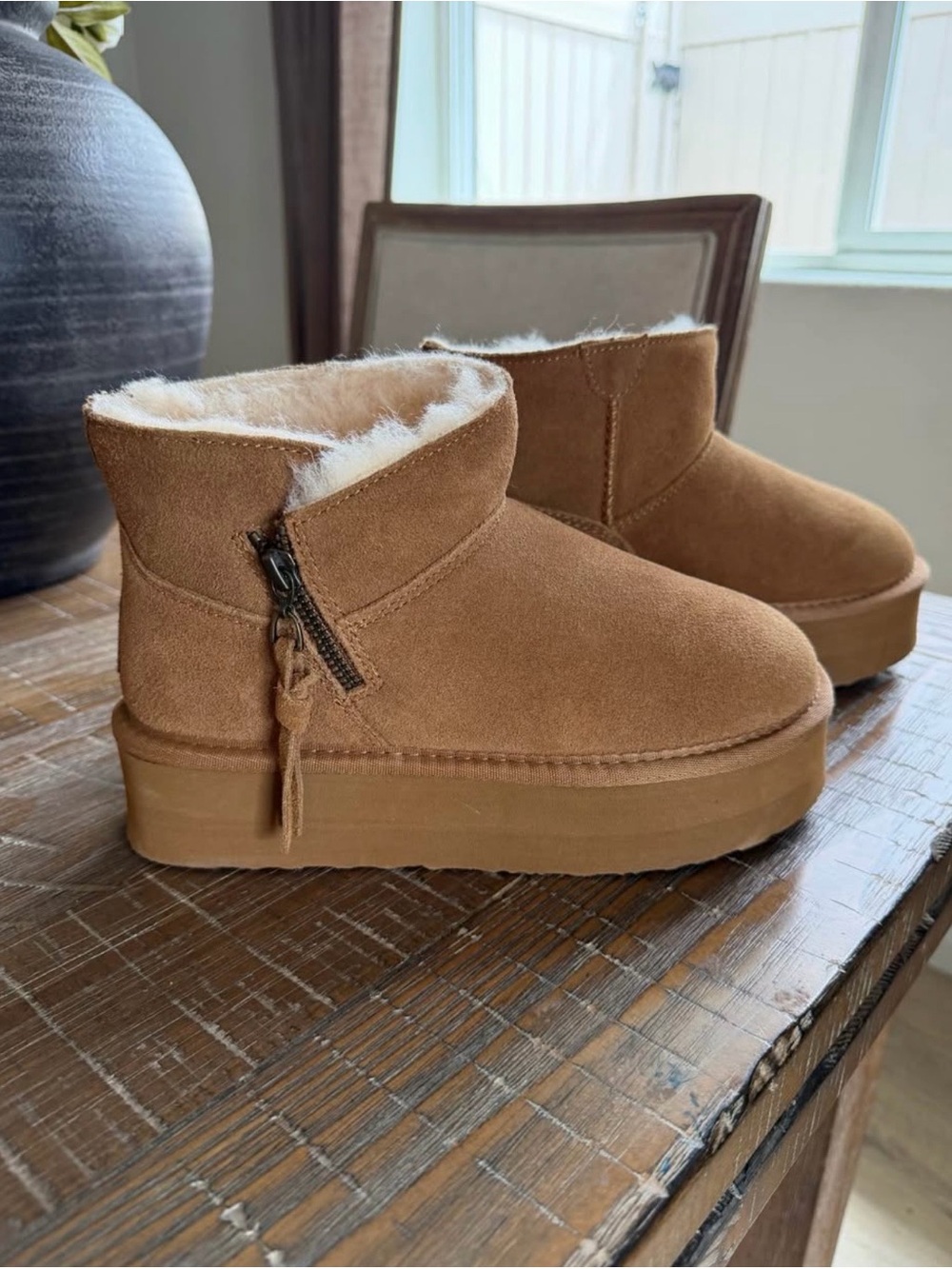 BearPaw Tan Suede Shearling-Lined Ankle Slippers